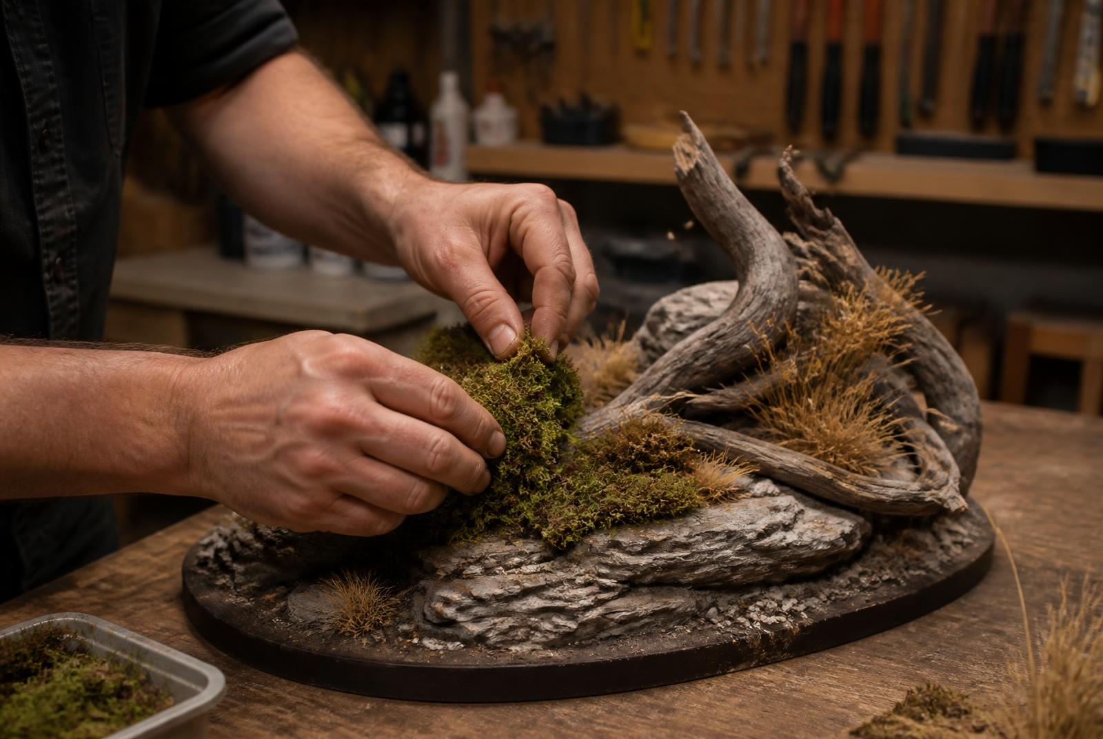Craftsman detailing a custom habitat base with sculpted rock, moss, and dried grasses for a taxidermy mount